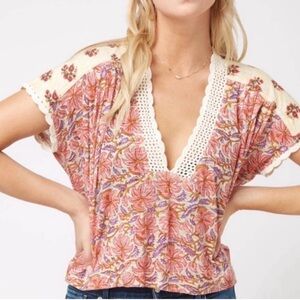 Free People Pink and Cream Floral Blouse Leilani